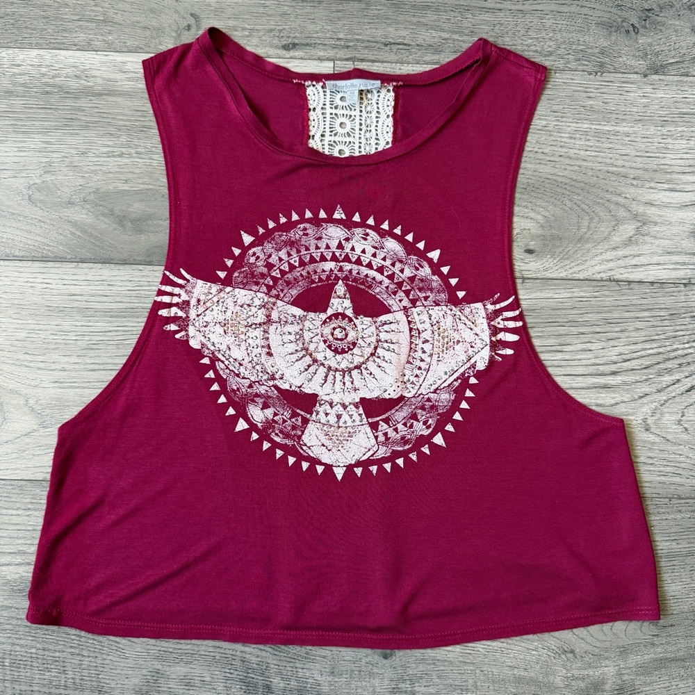 Charlotte Russe Burgundy Boho Bird Graphic Crop Top - Size Medium